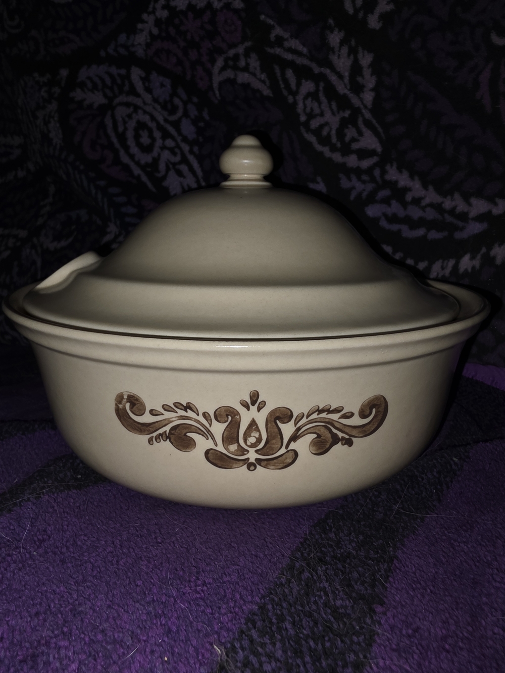 Vintage Cream Ceramic Covered Casserole with Brown Scroll Design